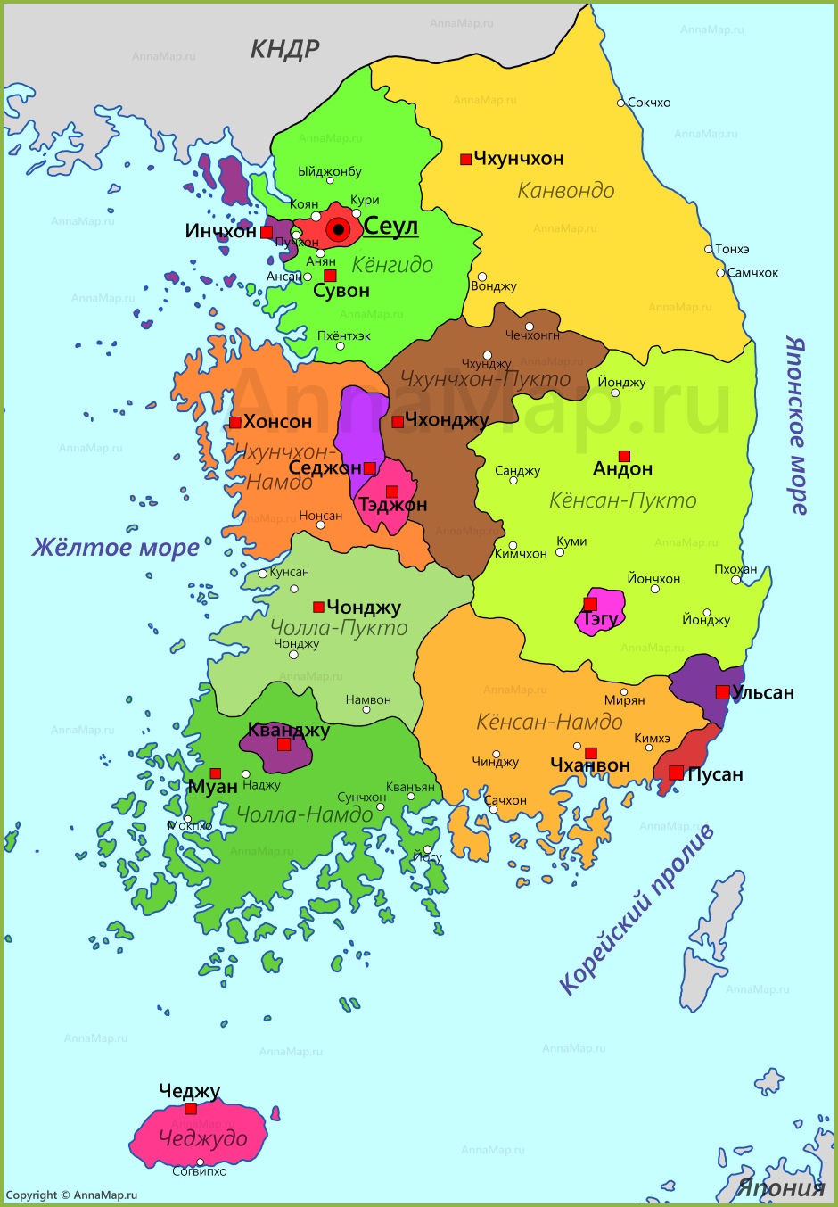 Карта южной кореи с городами на русском языке